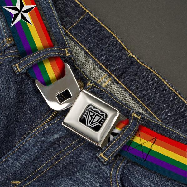 Buckle-Down BD Wings Logo CLOSE-UP Full Color Black Silver Seatbelt Belt - Nautical Star Rainbow/White/Black Webbing
