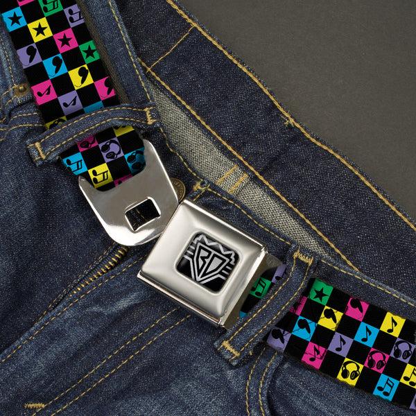 Buckle-Down BD Wings Logo CLOSE-UP Full Color Black Silver Seatbelt Belt - Musical Checkers Black/Neon Webbing