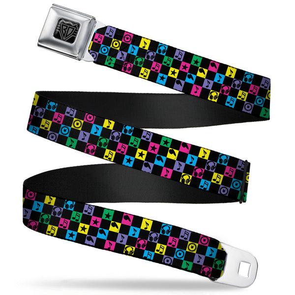 Buckle-Down BD Wings Logo CLOSE-UP Full Color Black Silver Seatbelt Belt - Musical Checkers Black/Neon Webbing