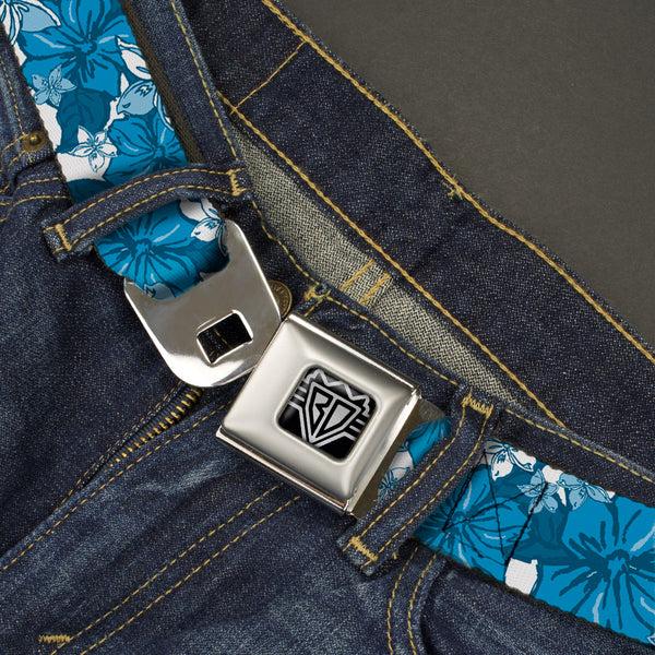 Buckle-Down BD Wings Logo CLOSE-UP Full Color Black Silver Seatbelt Belt - Hibiscus Collage White/Blues Webbing