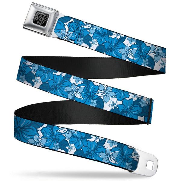 Buckle-Down BD Wings Logo CLOSE-UP Full Color Black Silver Seatbelt Belt - Hibiscus Collage White/Blues Webbing