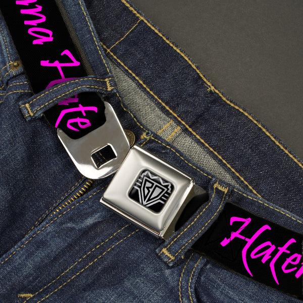 Buckle-Down BD Wings Logo CLOSE-UP Full Color Black Silver Seatbelt Belt - Haters Gonna Hate W/Gem Black/Fuchsia Webbing