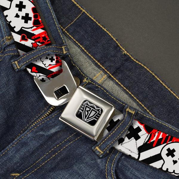 Buckle-Down BD Wings Logo CLOSE-UP Full Color Black Silver Seatbelt Belt - Girlie Skull Black/White W/Red Paint Drips Webbing