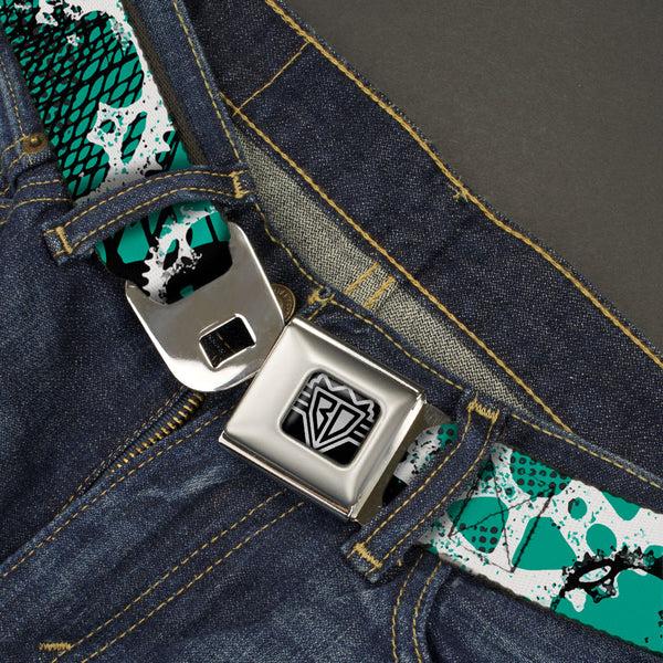 Buckle-Down BD Wings Logo CLOSE-UP Full Color Black Silver Seatbelt Belt - Grunge Gears Green Webbing