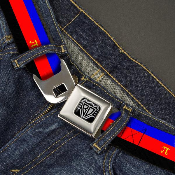 Buckle-Down BD Wings Logo CLOSE-UP Full Color Black Silver Seatbelt Belt - Flag Polyamorous Pi Symbol Blue/Red/Black/Yellow Webbing
