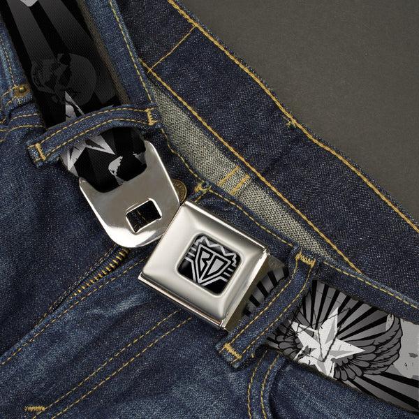Buckle-Down BD Wings Logo CLOSE-UP Full Color Black Silver Seatbelt Belt - Die Hard Skulls & Stars1 Black/Grays Webbing