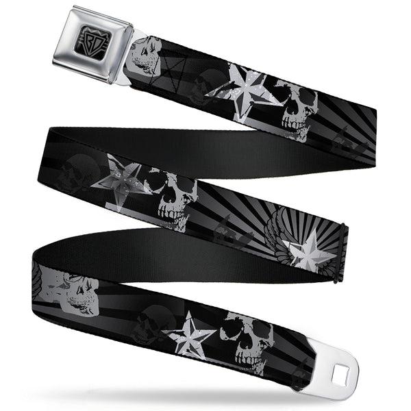 Buckle-Down BD Wings Logo CLOSE-UP Full Color Black Silver Seatbelt Belt - Die Hard Skulls & Stars1 Black/Grays Webbing