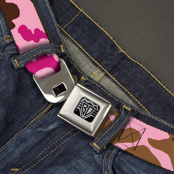 Buckle-Down BD Wings Logo CLOSE-UP Full Color Black Silver Seatbelt Belt - Camo Pink Webbing