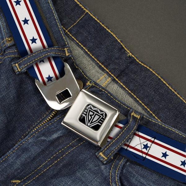 Buckle-Down BD Wings Logo CLOSE-UP Full Color Black Silver Seatbelt Belt - Americana Stars & Stripes 6 Blue/White/Red Webbing