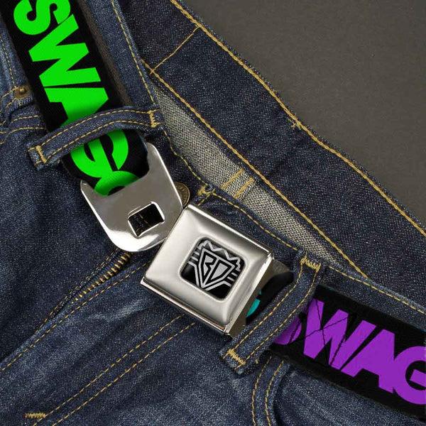 Buckle-Down BD Wings Logo CLOSE-UP Full Color Black Silver Seatbelt Belt - SWAGG Black/Hot Pink/Turquoise/Purple/Neon Green Webbing