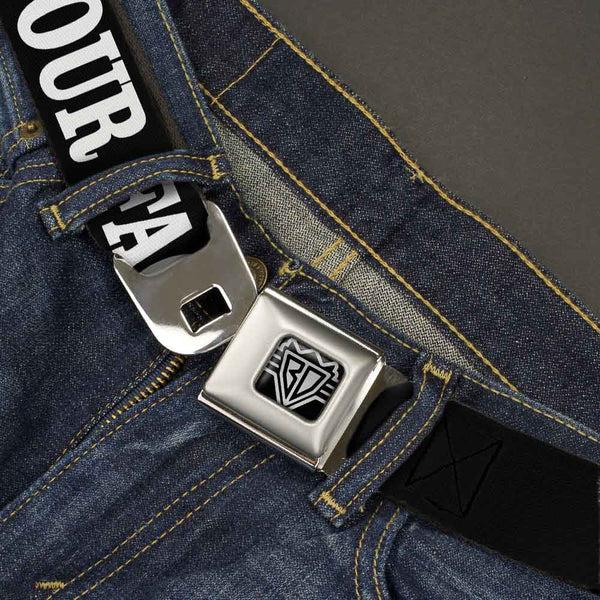 Buckle-Down BD Wings Logo CLOSE-UP Full Color Black Silver Seatbelt Belt - IN YOUR FACE Black/White Webbing