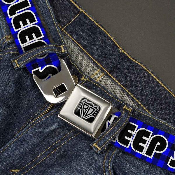 Buckle-Down BD Wings Logo CLOSE-UP Full Color Black Silver Seatbelt Belt - EAT SLEEP SKATE Buffalo Plaid Blue Webbing