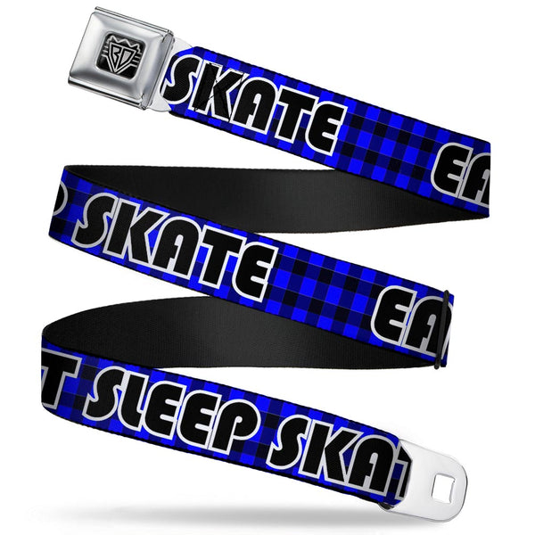 Buckle-Down BD Wings Logo CLOSE-UP Full Color Black Silver Seatbelt Belt - EAT SLEEP SKATE Buffalo Plaid Blue Webbing
