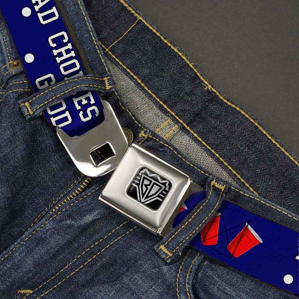 Buckle-Down BD Wings Logo CLOSE-UP Full Color Black Silver Seatbelt Belt - Beer Pong BAD CHOICES CREATE GOOD STORIES Blue/White/Red Webbing