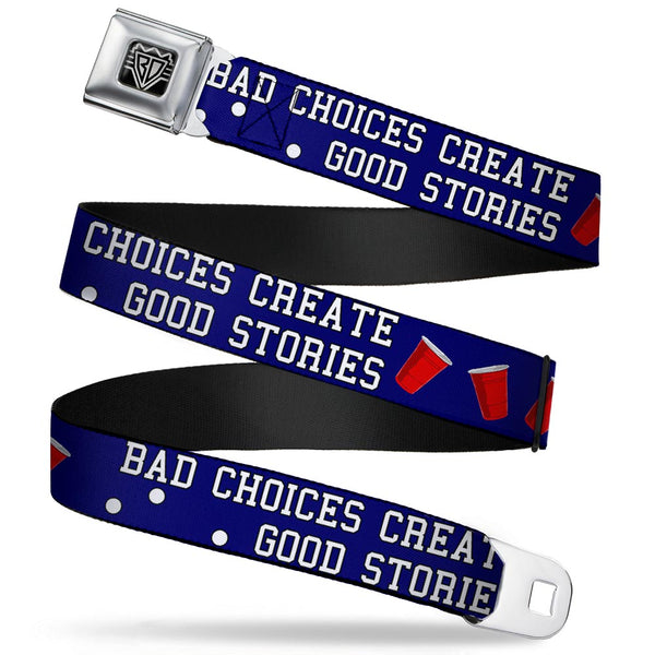 Buckle-Down BD Wings Logo CLOSE-UP Full Color Black Silver Seatbelt Belt - Beer Pong BAD CHOICES CREATE GOOD STORIES Blue/White/Red Webbing