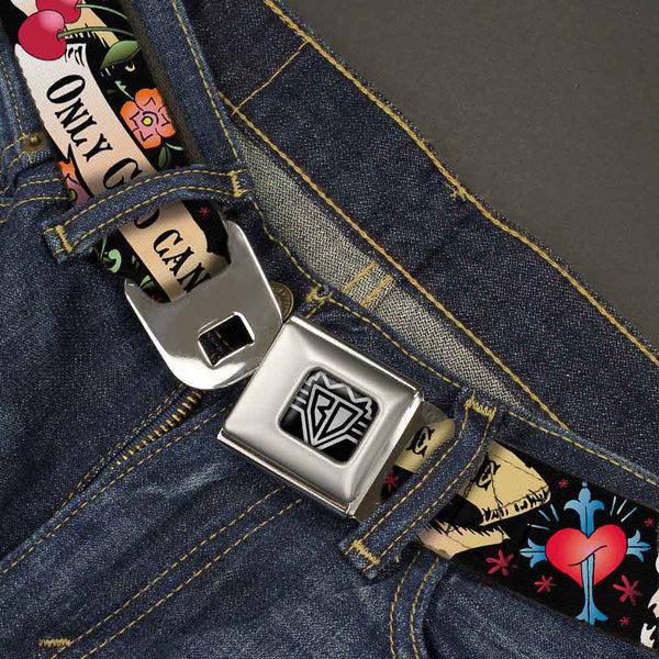 Buckle-Down BD Wings Logo CLOSE-UP Full Color Black Silver Seatbelt Belt - Only God Can Judge Me Black Webbing