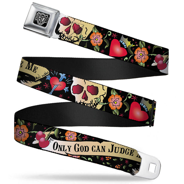 Buckle-Down BD Wings Logo CLOSE-UP Full Color Black Silver Seatbelt Belt - Only God Can Judge Me Black Webbing