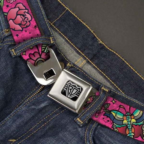 Buckle-Down BD Wings Logo CLOSE-UP Full Color Black Silver Seatbelt Belt - Love Kills Pink Webbing