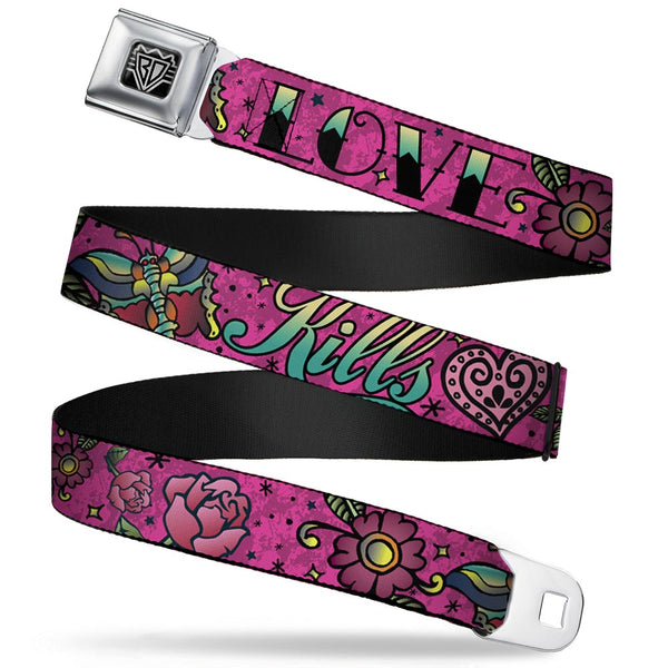 Buckle-Down BD Wings Logo CLOSE-UP Full Color Black Silver Seatbelt Belt - Love Kills Pink Webbing