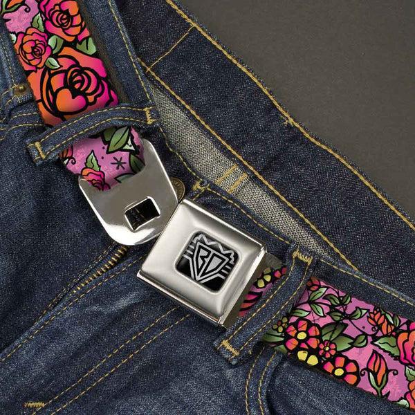 Buckle-Down BD Wings Logo CLOSE-UP Full Color Black Silver Seatbelt Belt - Born To Blossom CLOSE-UP Pink Webbing
