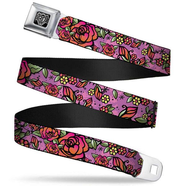 Buckle-Down BD Wings Logo CLOSE-UP Full Color Black Silver Seatbelt Belt - Born to Blossom CLOSE-UP Pink Webbing