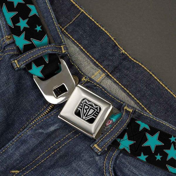 Buckle-Down BD Wings Logo CLOSE-UP Full Color Black Silver Seatbelt Belt - Multi Stars Black/Turquoise Webbing