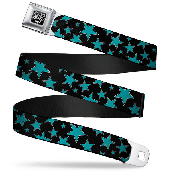 Buckle-Down BD Wings Logo CLOSE-UP Full Color Black Silver Seatbelt Belt - Multi Stars Black/Turquoise Webbing