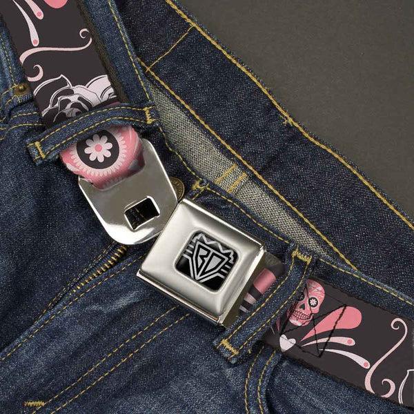 Buckle-Down BD Wings Logo CLOSE-UP Full Color Black Silver Seatbelt Belt - Sugar Skulls Gray/Pink Webbing