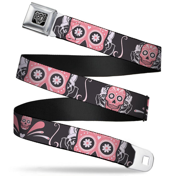 Buckle-Down BD Wings Logo CLOSE-UP Full Color Black Silver Seatbelt Belt - Sugar Skulls Gray/Pink Webbing