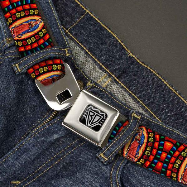 Buckle-Down BD Wings Logo CLOSE-UP Full Color Black Silver Seatbelt Belt - Virgen De Guadalupe Webbing