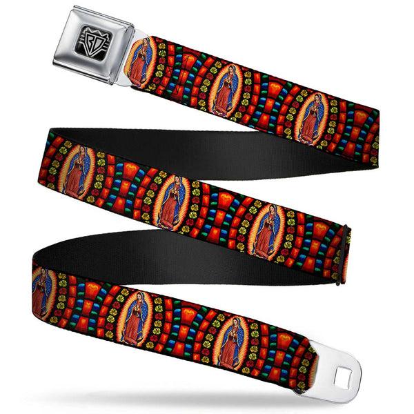 Buckle-Down BD Wings Logo CLOSE-UP Full Color Black Silver Seatbelt Belt - Virgen de Guadalupe Webbing
