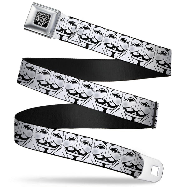 Buckle-Down BD Wings Logo CLOSE-UP Full Color Black Silver Seatbelt Belt - Anonymous Face CLOSE-UP Repeat White/Black/Gray Webbing