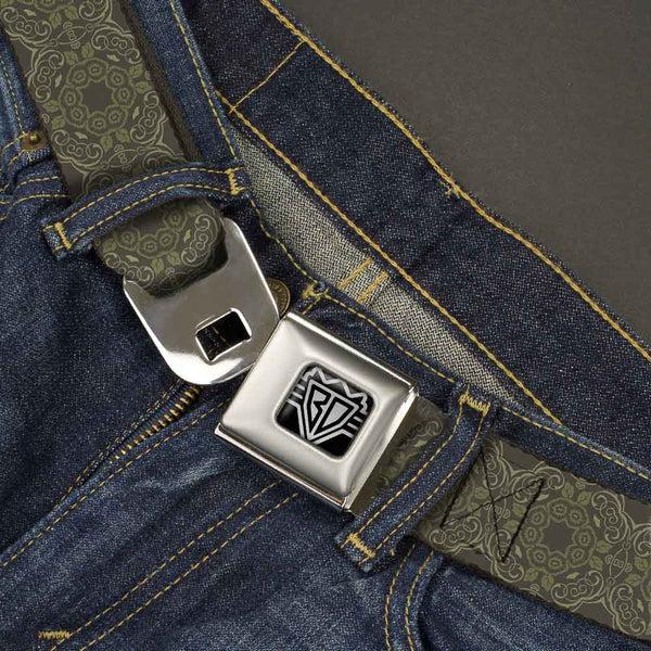 Buckle-Down BD Wings Logo CLOSE-UP Full Color Black Silver Seatbelt Belt - Tapestry Charcoal/Olive Webbing