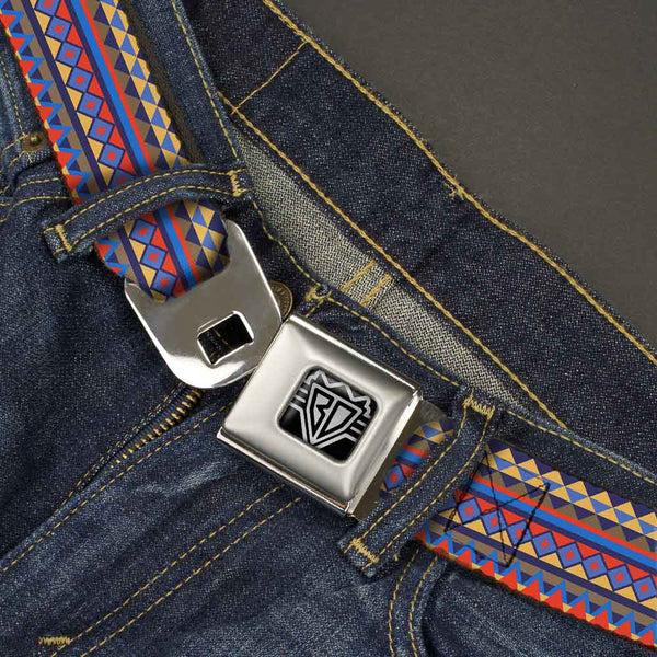 Buckle-Down BD Wings Logo CLOSE-UP Full Color Black Silver Seatbelt Belt - Aztec15 Blues/Yellow/Orange/Gray Webbing