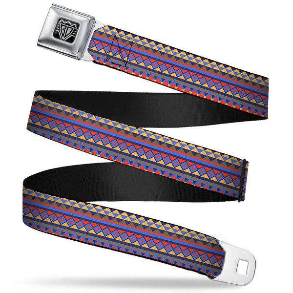 Buckle-Down BD Wings Logo CLOSE-UP Full Color Black Silver Seatbelt Belt - Aztec15 Blues/Yellow/Orange/Gray Webbing