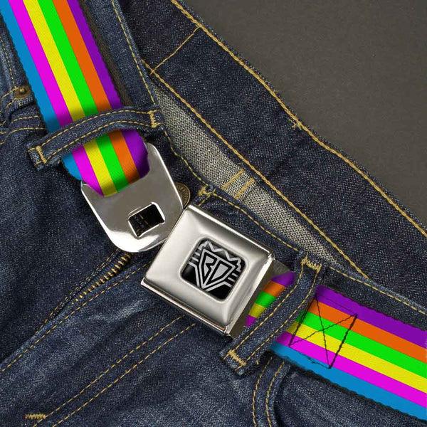 Buckle-Down BD Wings Logo CLOSE-UP Full Color Black Silver Seatbelt Belt - Stripes Purple/Orange/Green/Yellow/Pink/Blue Webbing