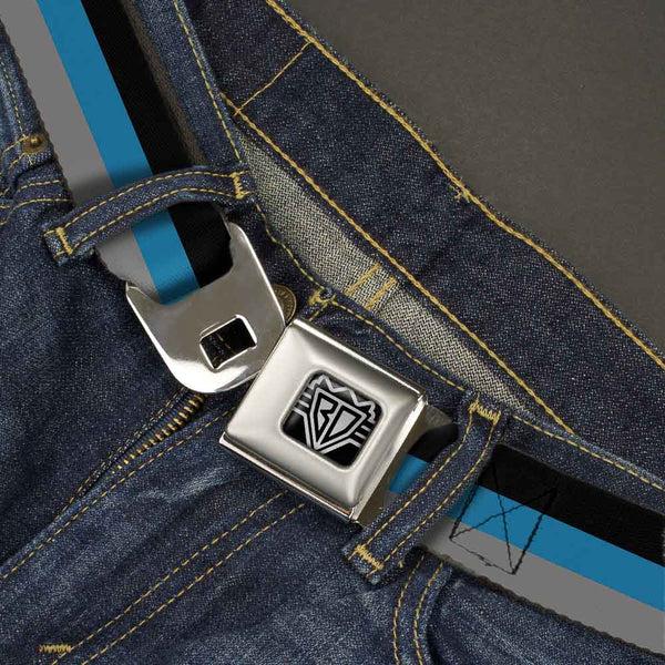 Buckle-Down BD Wings Logo CLOSE-UP Full Color Black Silver Seatbelt Belt - Stripes Black/Turquoise/Gray Webbing