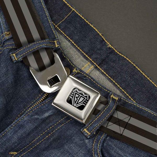 Buckle-Down BD Wings Logo CLOSE-UP Full Color Black Silver Seatbelt Belt - Stripes 3Black/2Gray Webbing