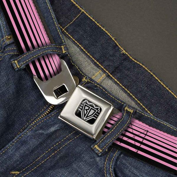 Buckle-Down BD Wings Logo CLOSE-UP Full Color Black Silver Seatbelt Belt - Stripe Transition Black/Pink Webbing