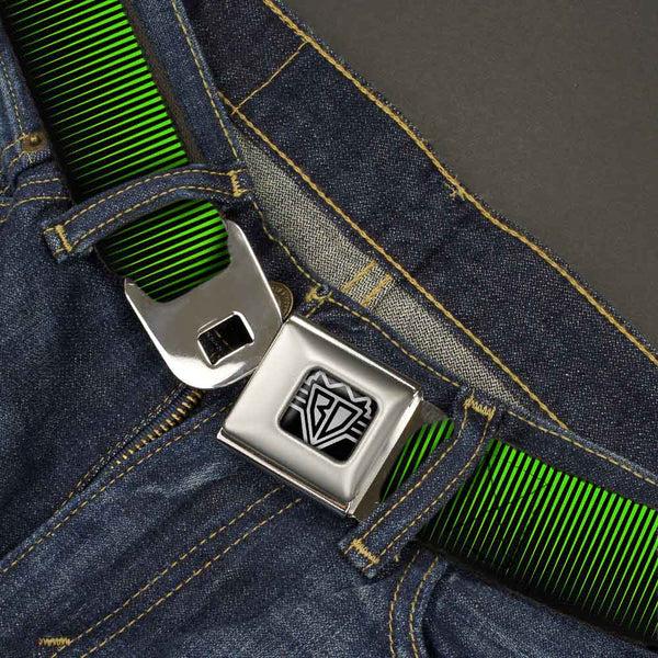 Buckle-Down BD Wings Logo CLOSE-UP Full Color Black Silver Seatbelt Belt - Vertical Stripes Transition Black/Yellow Webbing