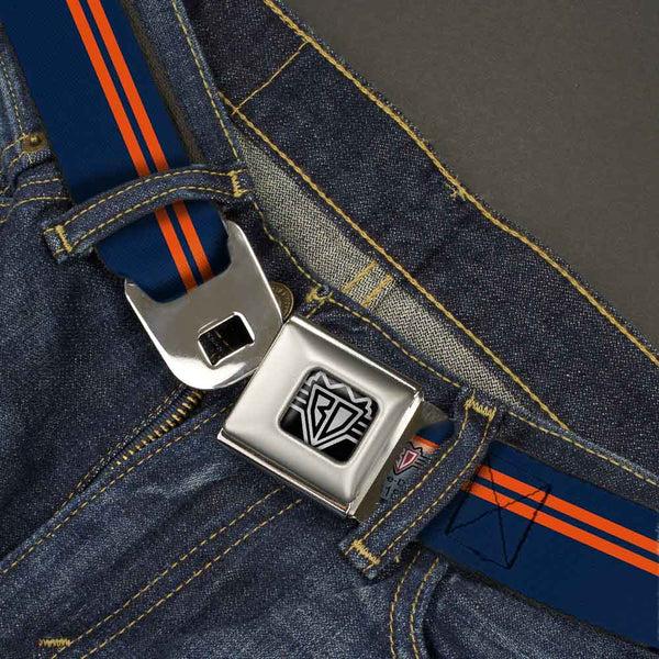 Buckle-Down BD Wings Logo CLOSE-UP Full Color Black Silver Seatbelt Belt - Racing Stripe Navy/Orange Webbing