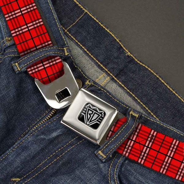 Buckle-Down BD Wings Logo CLOSE-UP Full Color Black Silver Seatbelt Belt - Plaid Red Webbing