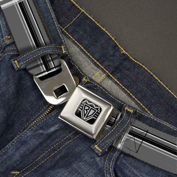 Buckle-Down BD Wings Logo CLOSE-UP Full Color Black Silver Seatbelt Belt - Plaid Gray/Black/White Webbing