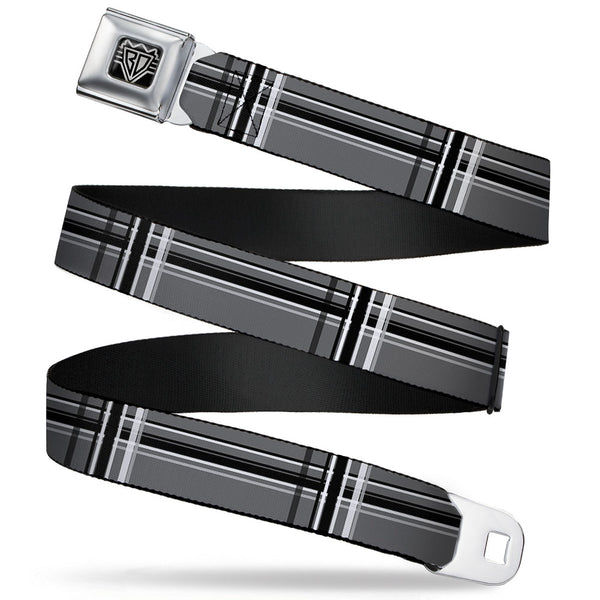 Buckle-Down BD Wings Logo CLOSE-UP Full Color Black Silver Seatbelt Belt - Plaid Gray/Black/White Webbing