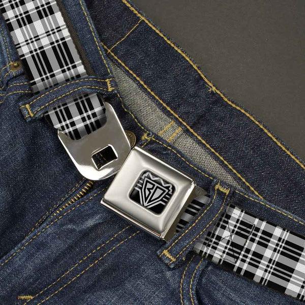 Buckle-Down BD Wings Logo CLOSE-UP Full Color Black Silver Seatbelt Belt - Plaid Black/White Webbing
