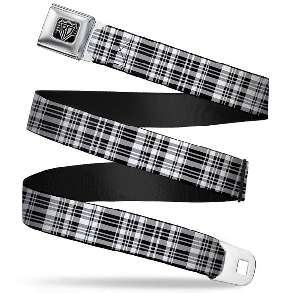 Buckle-Down BD Wings Logo CLOSE-UP Full Color Black Silver Seatbelt Belt - Plaid Black/White Webbing