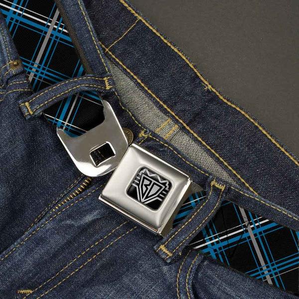 Buckle-Down BD Wings Logo CLOSE-UP Full Color Black Silver Seatbelt Belt - Plaid Black/Turquoise/Gray Webbing