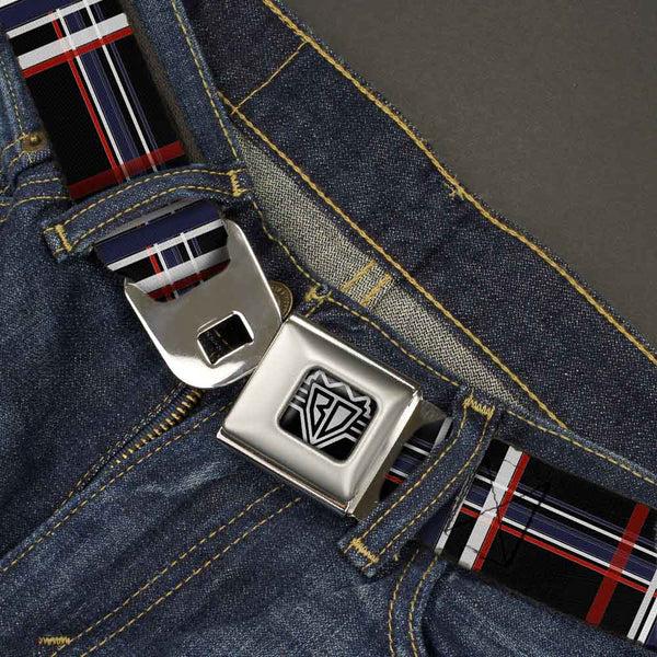 Buckle-Down BD Wings Logo CLOSE-UP Full Color Black Silver Seatbelt Belt - Plaid Black/Red/White/Blue Webbing