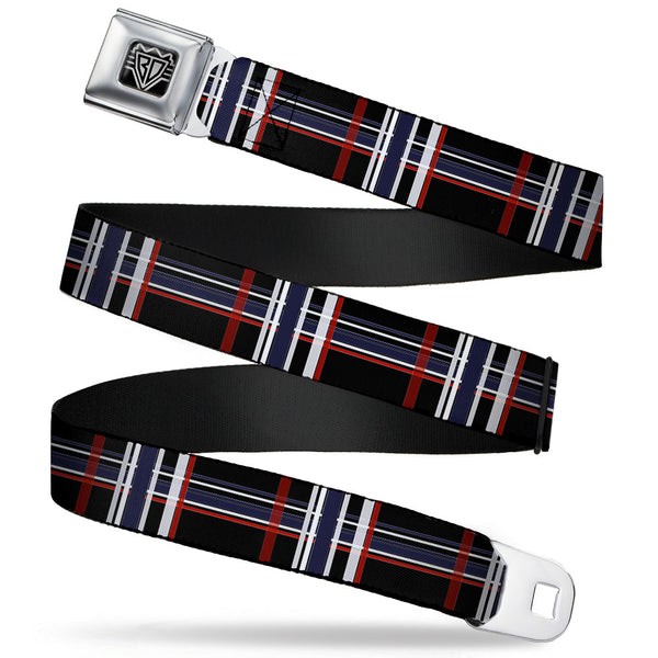 Buckle-Down BD Wings Logo CLOSE-UP Full Color Black Silver Seatbelt Belt - Plaid Black/Red/White/Blue Webbing