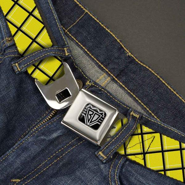 Buckle-Down BD Wings Logo CLOSE-UP Full Color Black Silver Seatbelt Belt - Wire Grid Yellow/Black/Gray Webbing